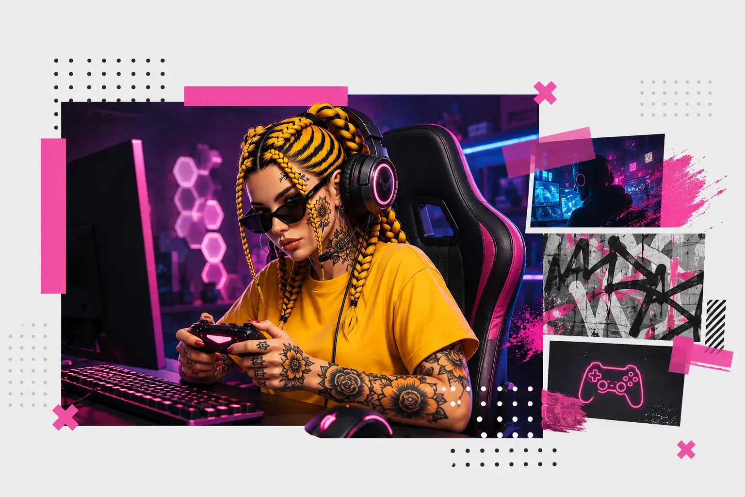 Spielerin mit Controller an einem farbig beleuchteten Gaming-Arbeitsplatz